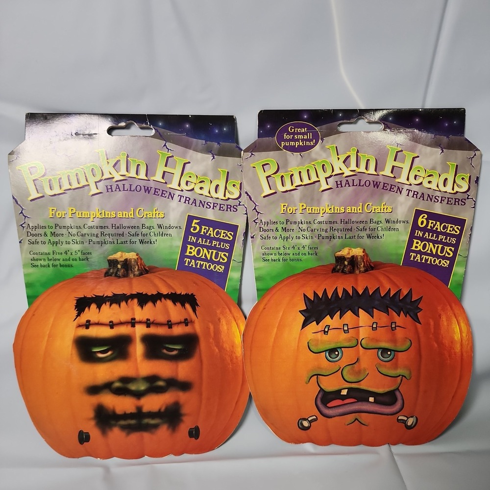 New Old Stock Pumpkin Head Halloween Face Transfers Rub-On Decals Lot of 2 Vtg